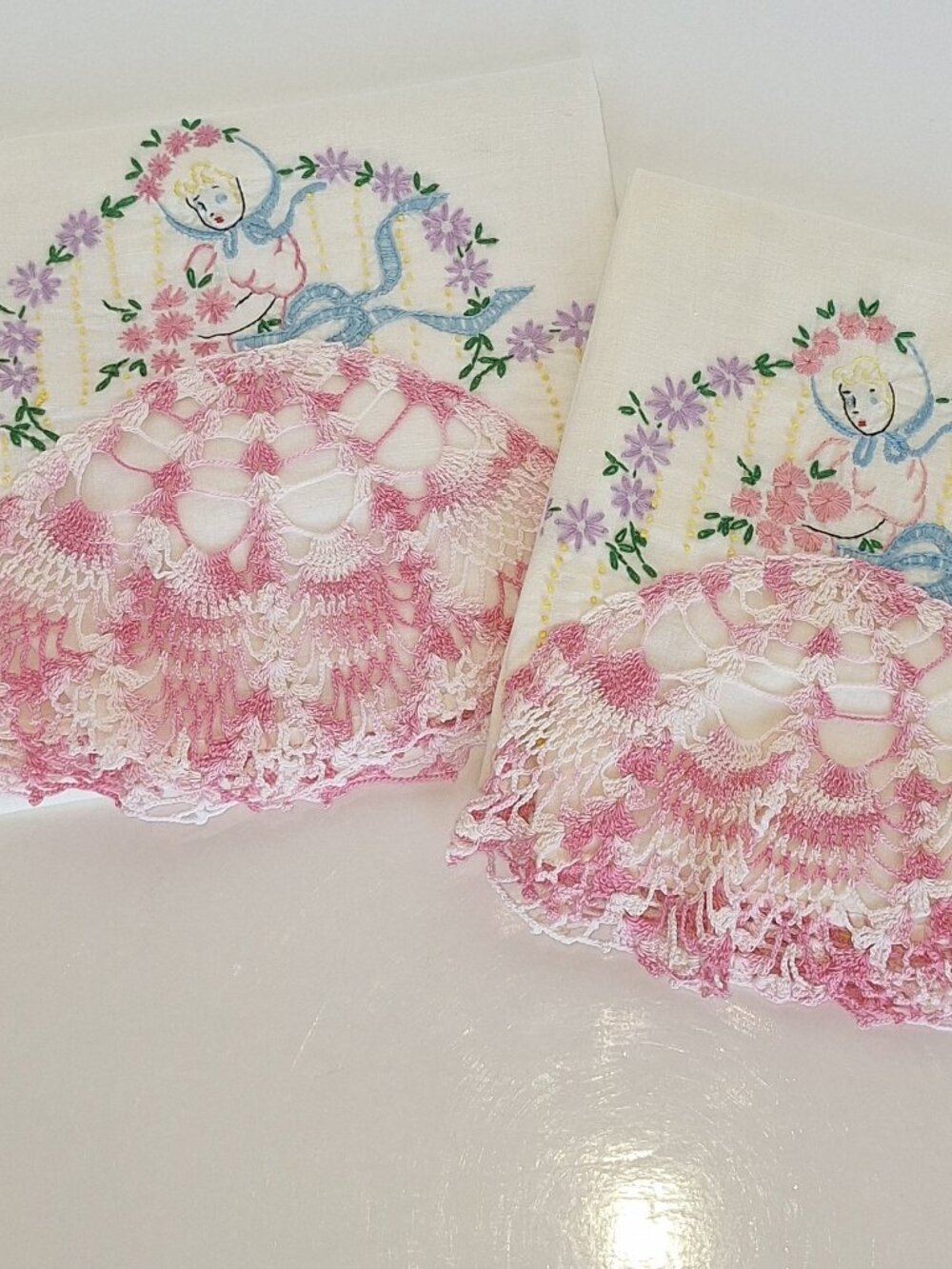 2 Hand Embroidered Pillow Cases Ladies in Pink